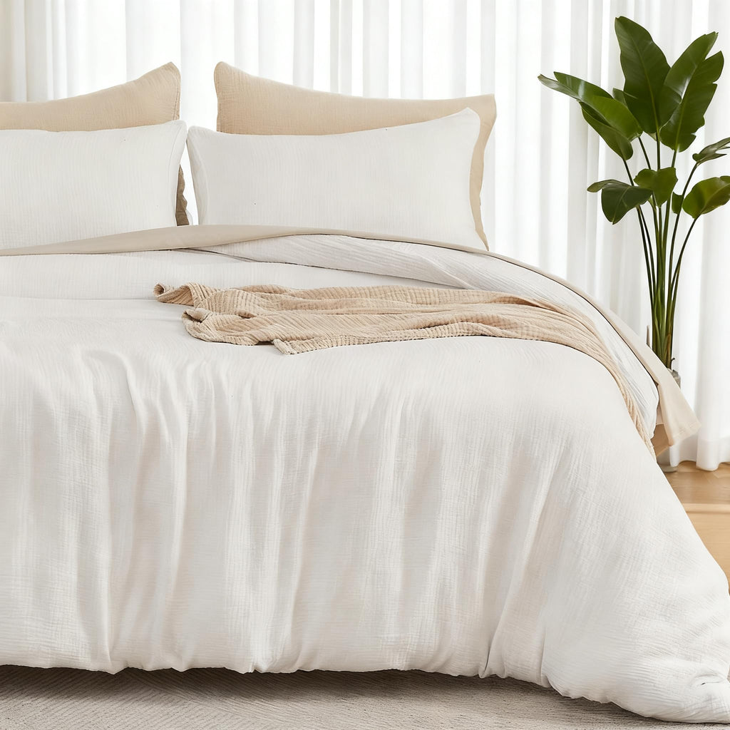 EMME Muslin Cotton Duvet Cover Set Linen Like Cream White Queen