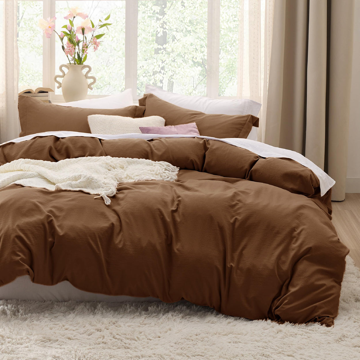 Bedsure Prewashed Duvet Cover Queen, Cotton-Like Bedding Set, Olive Green