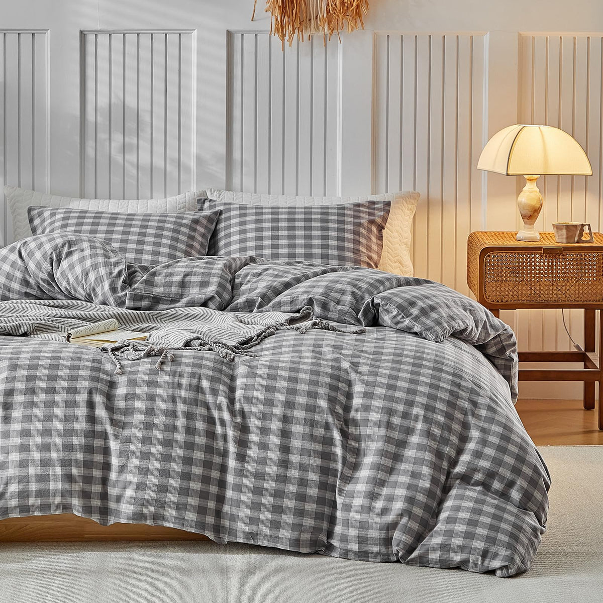DuShow Grid King Duvet Cover Set - Tan Gingham Washed Microfiber Comforter Cover Set, 3 Pieces Plaid Checkered Soft Reversible Bedding Set(Tan,King)