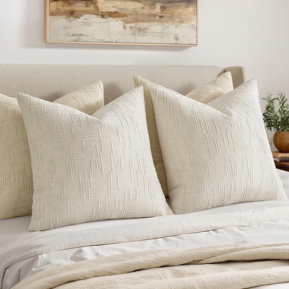 MIULEE Chenille Textured Throw Pillow Covers Cream White 20x20 Set of 2