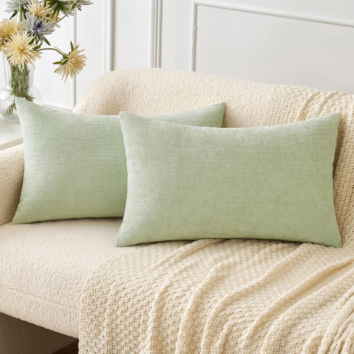 MIULEE Soft Chenille Throw Pillow Covers Sage Green 18x18 Inch Pack of 2