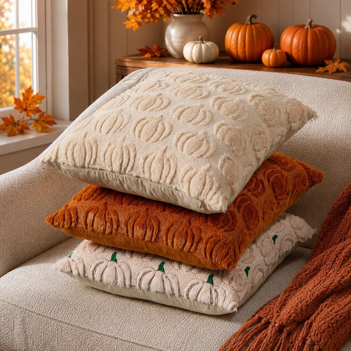 DFXSZ Fall Pillow Covers 18x18 2Pcs Beige Pumpkin Fall Decorations for Home