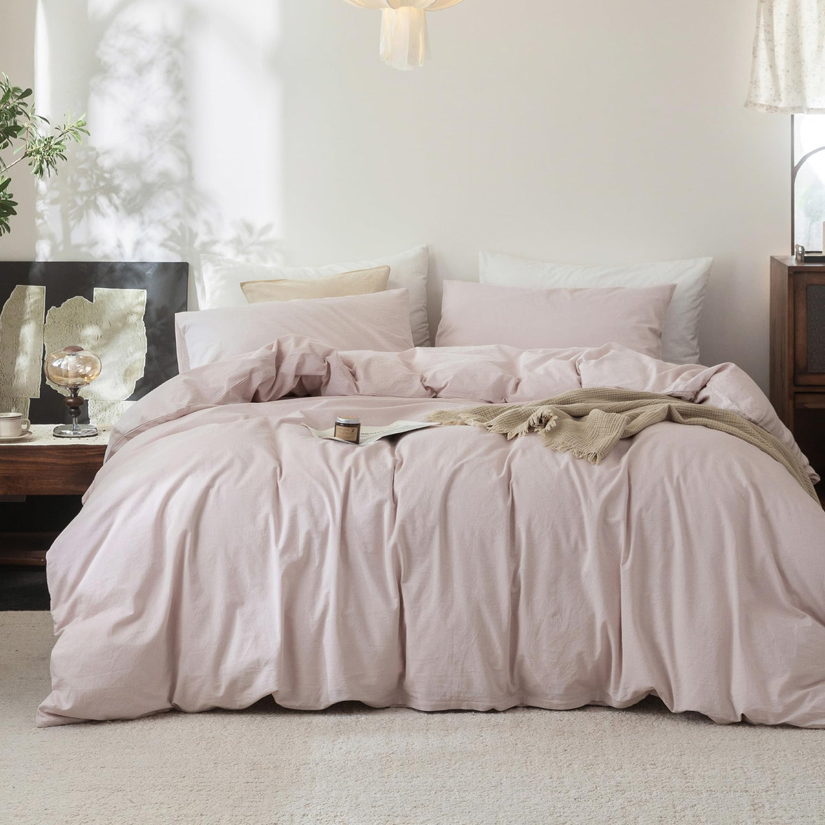 FOSSA Duvet Cover Set 100% Washed Cotton Linen Feel Queen