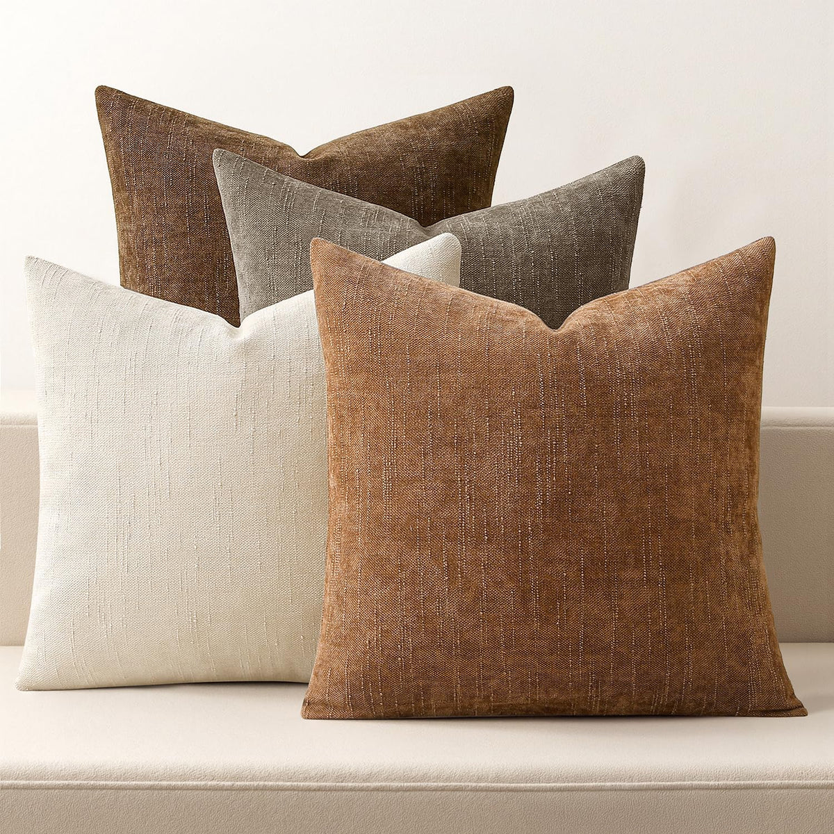 MIULEE Pack of 4 Fall Decorative Throw Pillow Covers 18x18 Inch Chenille Textured Throw Pillows Boho Farmhouse Cushion Covers Vintage Home Decor for Couch Sofa Bed Living Room，Beige Taupe Brown