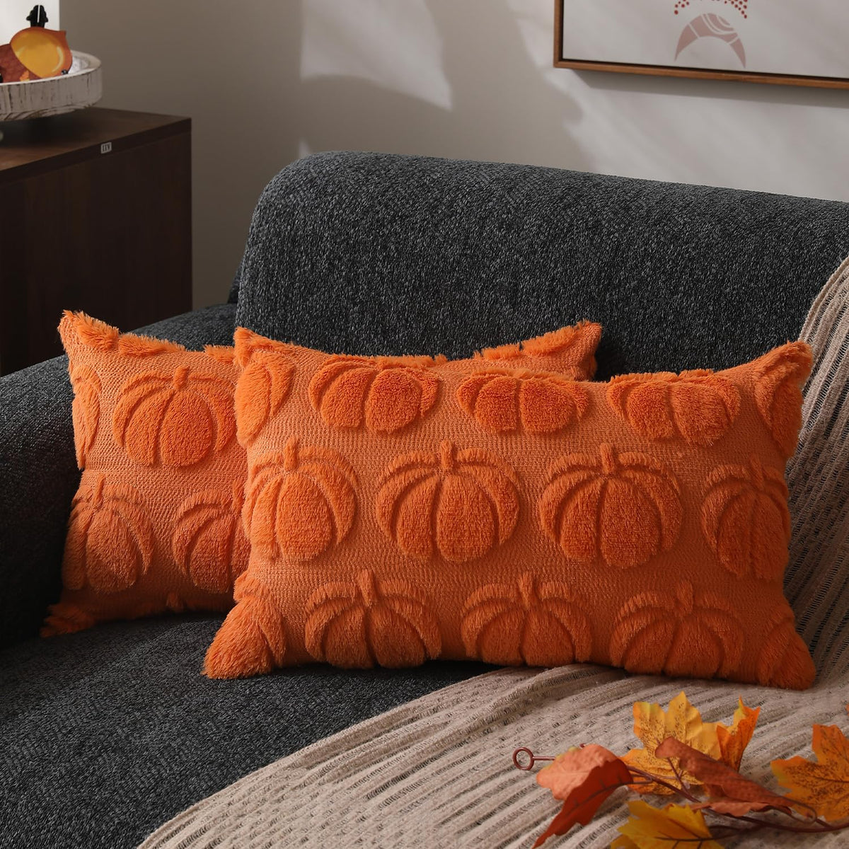 DFXSZ Fall Pillow Covers 18x18 2Pcs Beige Pumpkin Fall Decorations for Home