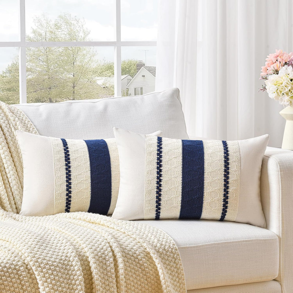 Fancy Homi Set of 1 Navy Blue Lumbar Decorative Throw Pillow Covers 12x20 Inch for Couch Bed Sofa Living Room, Soft Cotton blend Woven Textured Cushion Case