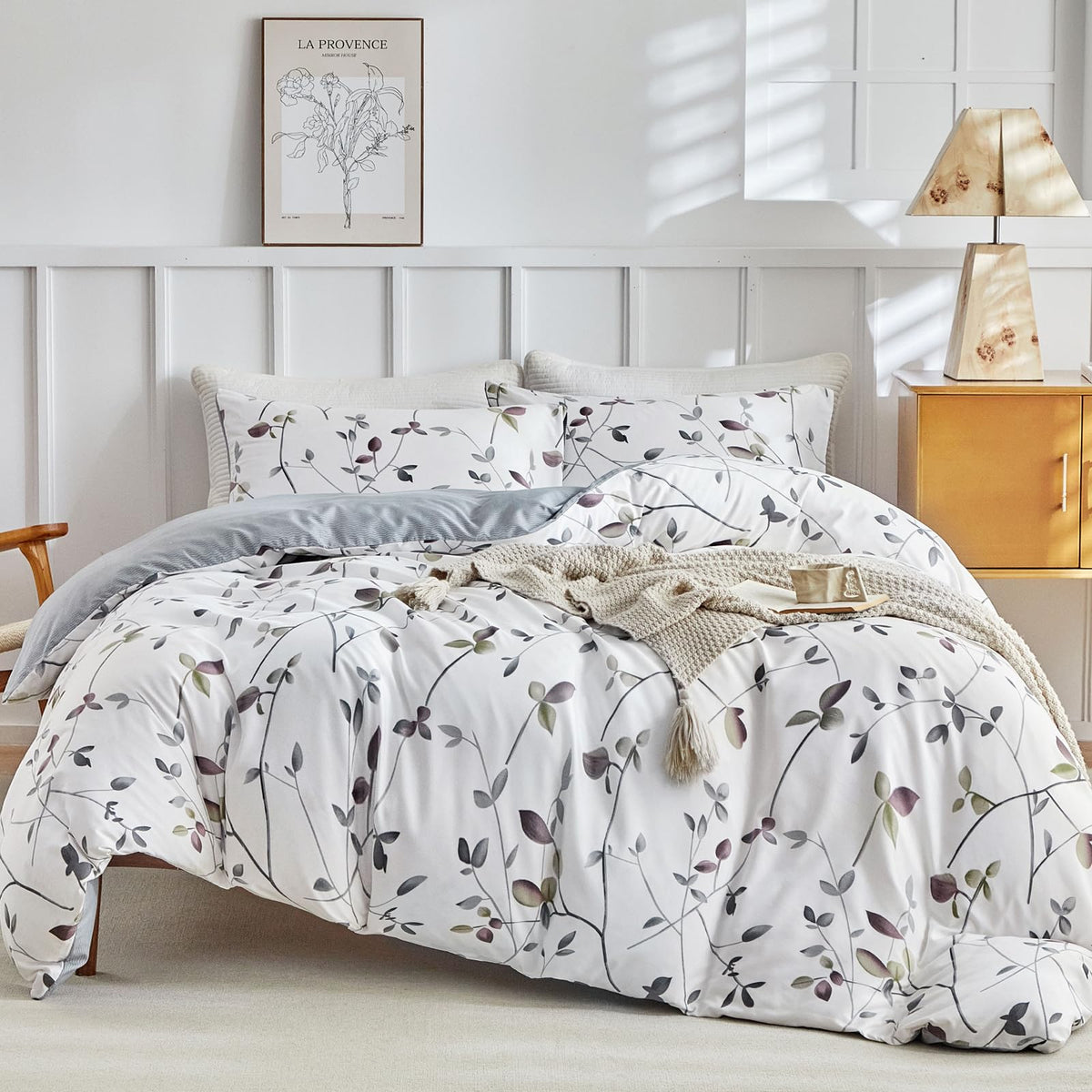 Lekesky Floral Duvet Cover Queen Size 3-Piece, Sage Green