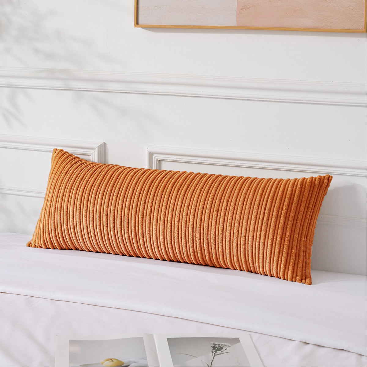 UGASA Velvet 12x20 Inch Lumbar Soft Throw Pillow Cover Boho Farmhouse Decorative Corduroy Striped Both Sides Solid Rectangular Cushion Case for Couch Bedroom Sofa Home, 1 Piece, Beige