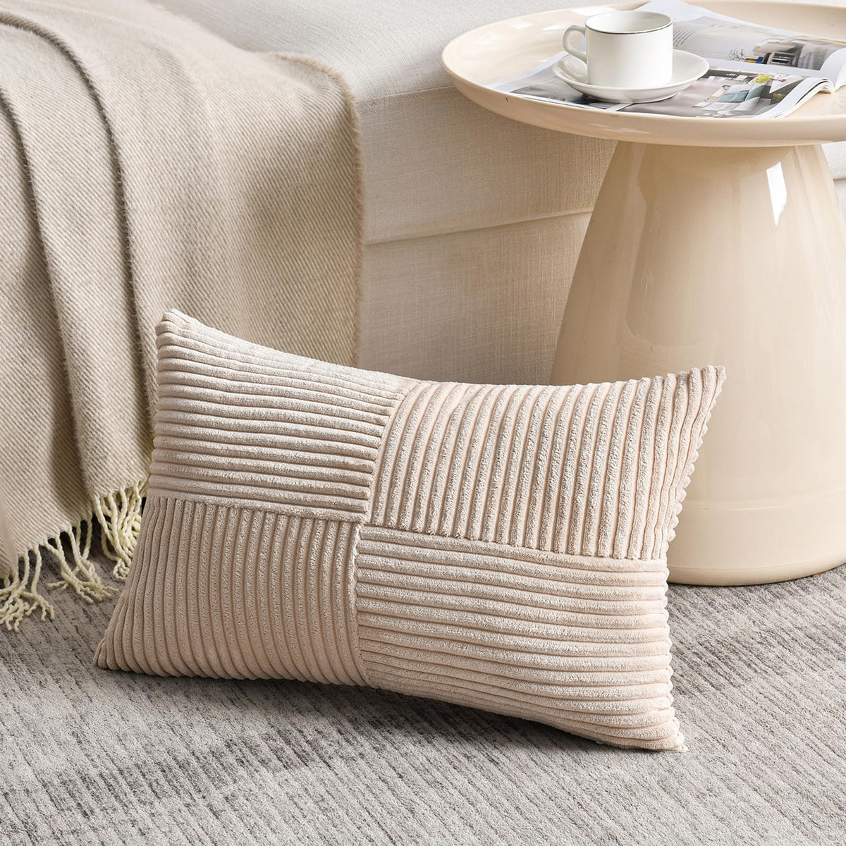 Fancy Homi Blush Pink Lumbar Decorative Throw Pillow Covers 12x20 Inch for Living Room Couch Bed, Rustic Farmhouse Boho Home Decor, Soft Striped Corduroy Rectangle Accent Cushion Case 30x50 cm
