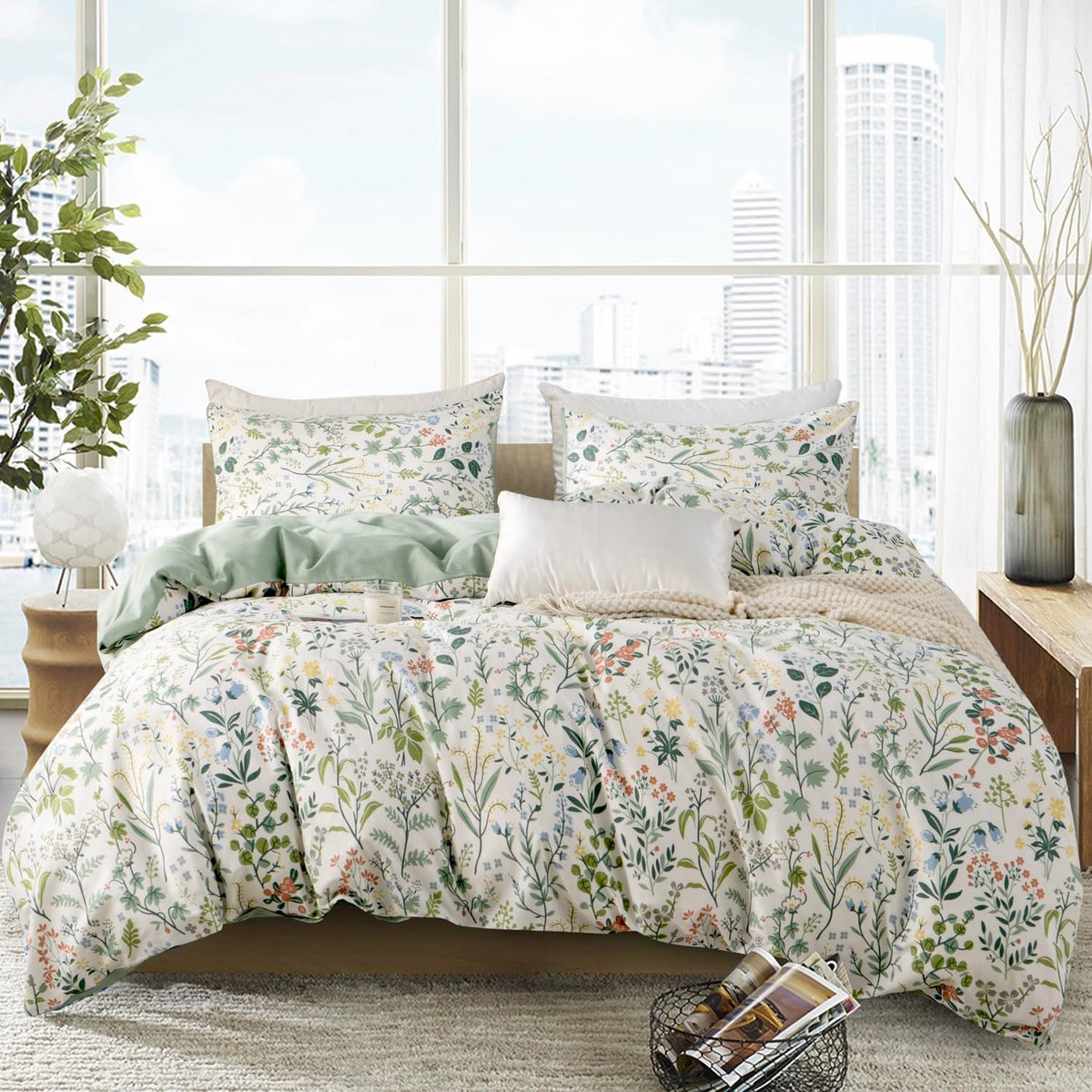 King Size Duvet Cover Set Floral Luxury Soft Brushed Microfiber Crinkle Gauze Fabric 3 Pieces Bedding Set Flower Pattern Duvet Cover King with Zipper Closure Breathable Comfy