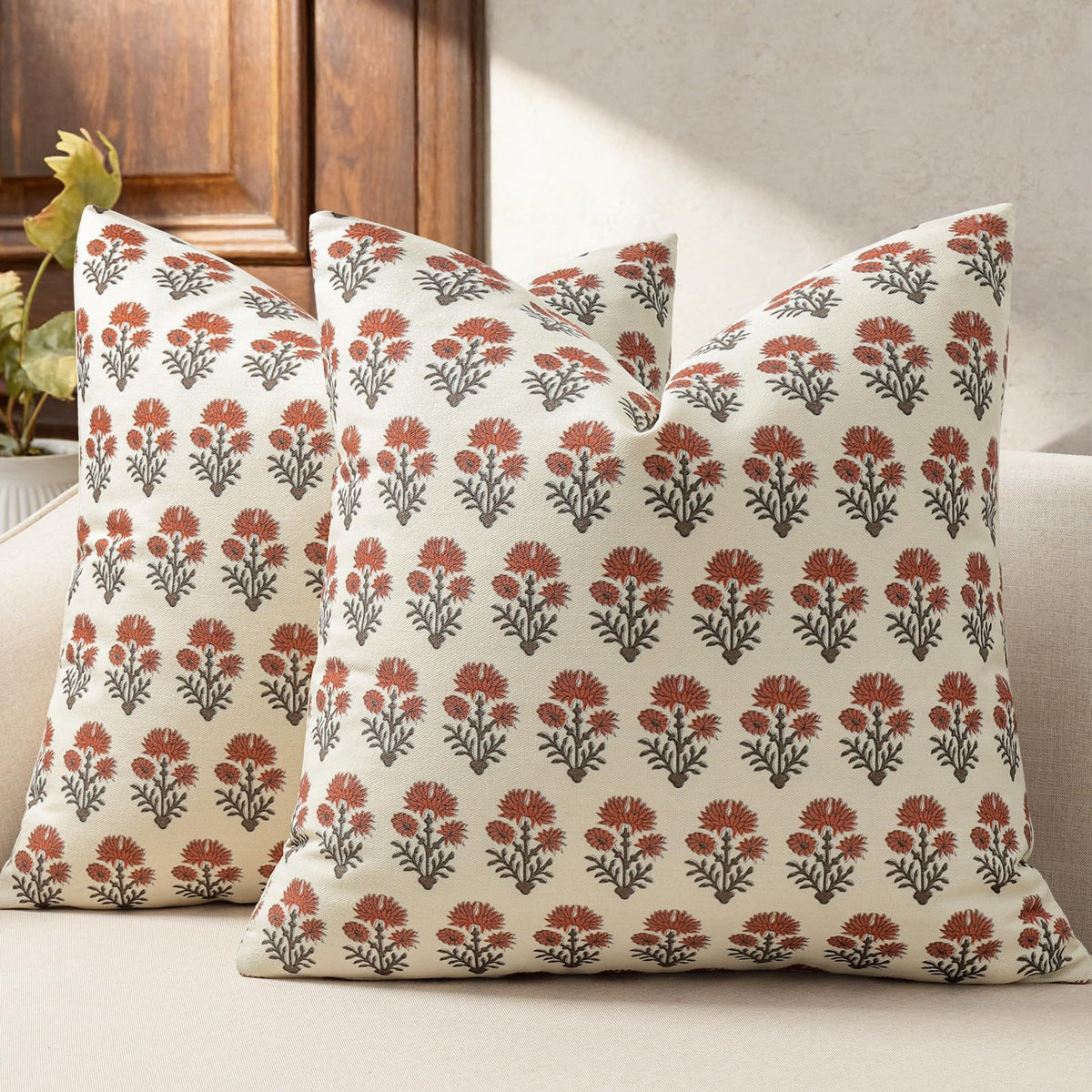 Farmhouse Floral Pillow Covers 18x18 Set of 2, Country Botanical Throw Pillow Cover for Sofa Couch Bed Living Room, Earthic Vintage Flower Cushion Covers Cottage Home Decor,Terracotta