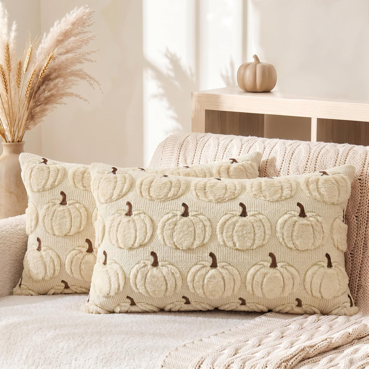 AVOIN colorlife Beige Fall Pumpkin Throw Pillow Covers 18x18 Inch