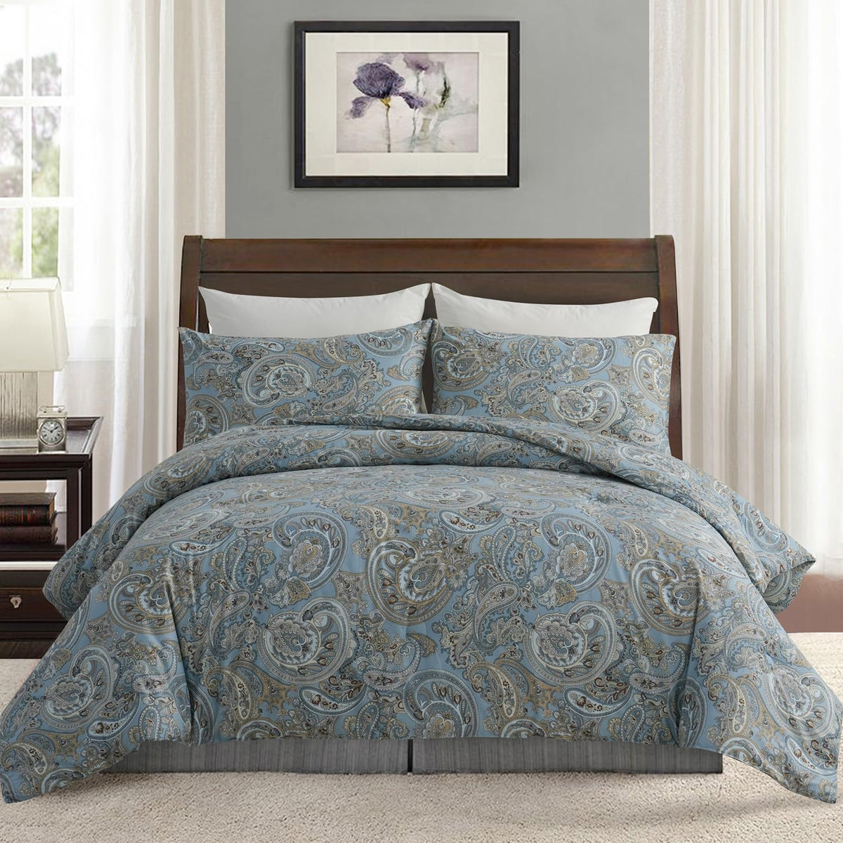 Duvet Cover Queen Size - 100% Cotton Reversible Floral Queen Duvet Cover Set with Zipper Closure, 3 Pieces Soft & Breathable Green Bedding Set for All Seasons