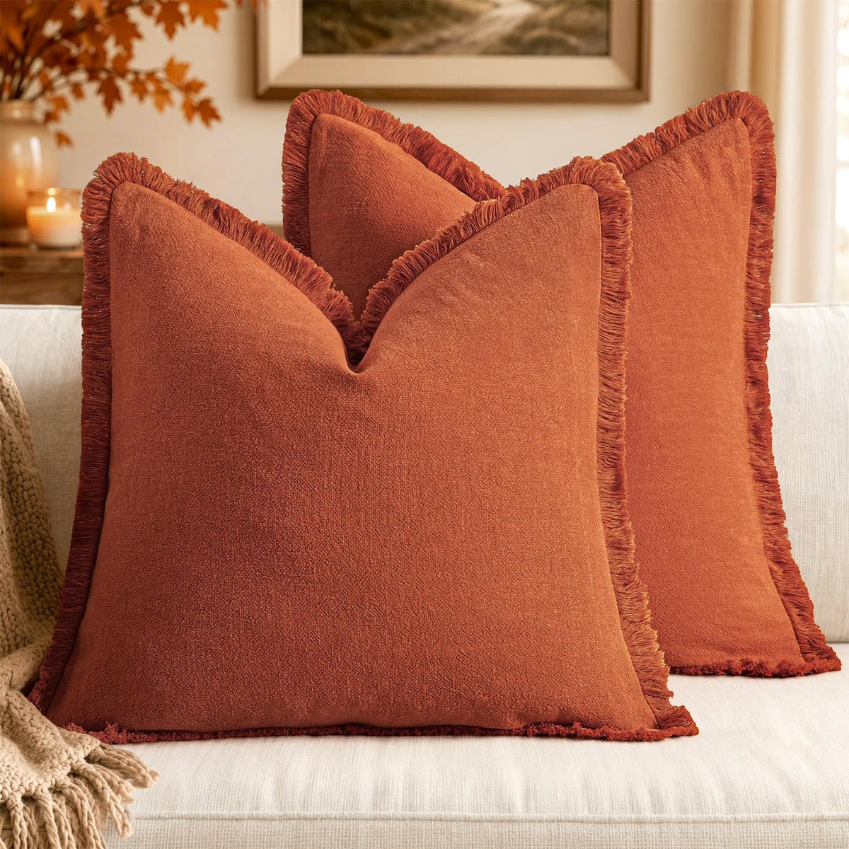 MIULEE Boho Linen Fringe Decorative Throw Pillow Covers Olive Green 20x20