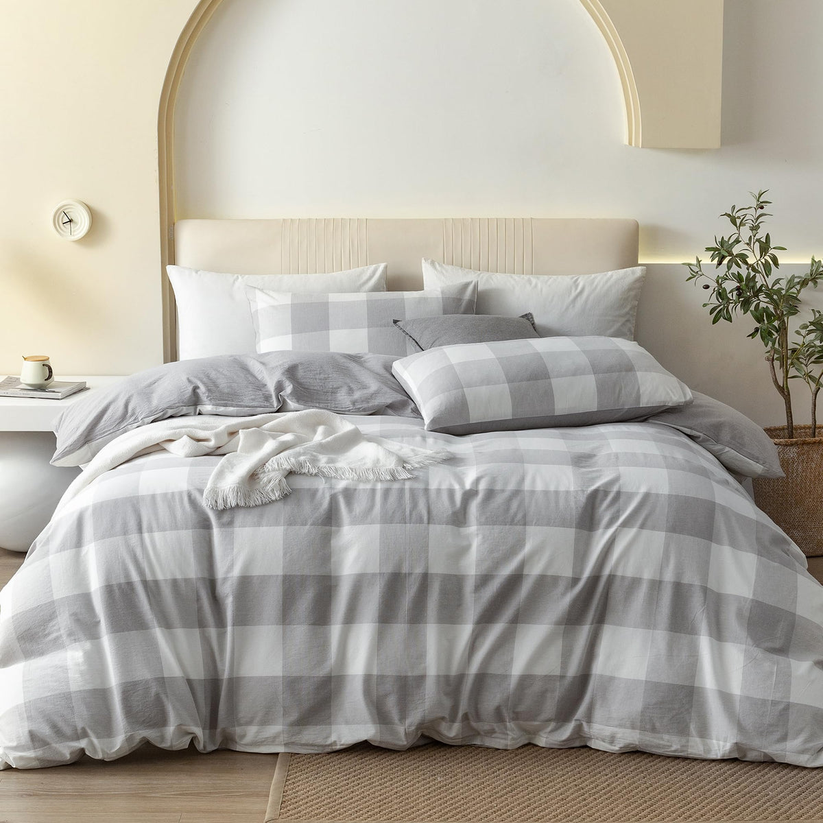JIYUAN Queen Washed Cotton Duvet Cover Set, 3-Piece, Relaxed Linen Feel