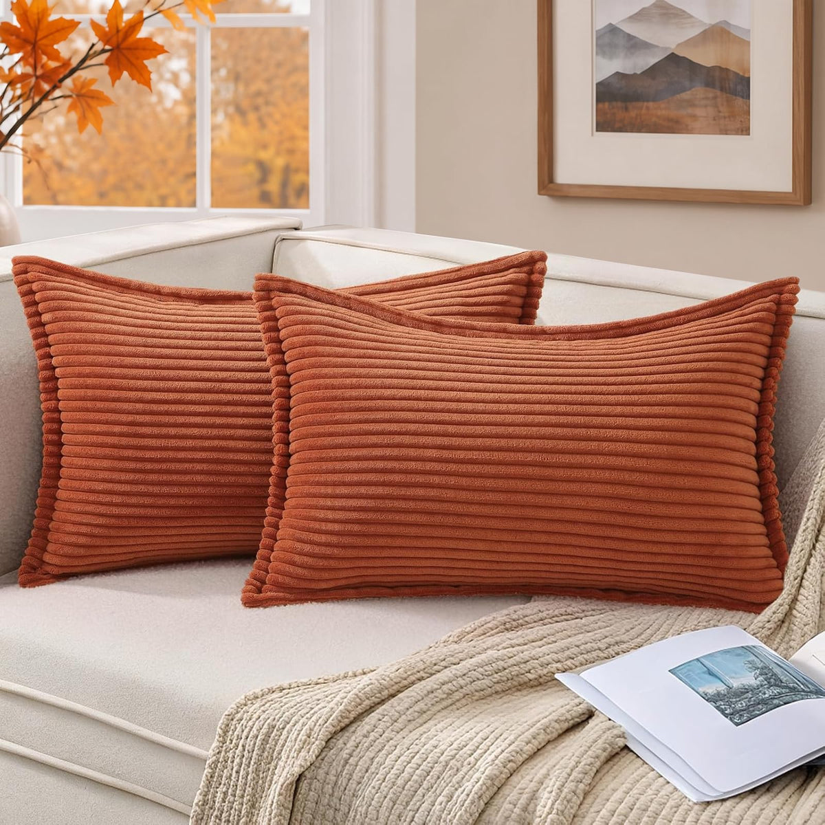 Mecatny Corduroy Fall Throw Pillow Covers 18x18 Set of 2 Olive Green