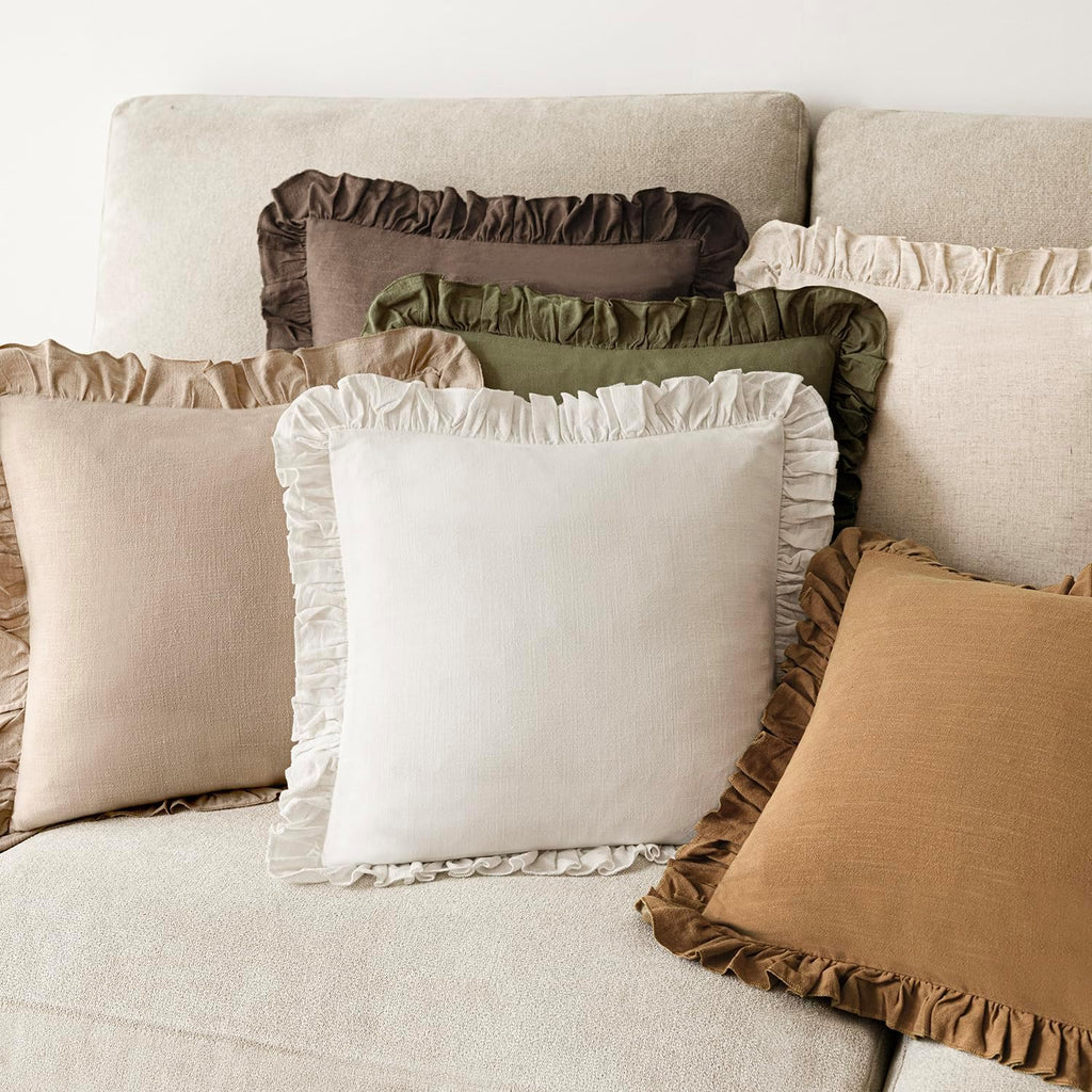 Foindtower Set of 2 Decorative Soild Fringe Ruffle Throw Pillow Covers Soft Boho Farmhouse Cushion Cover Cozy Accent Retro Pillowcase for Couch Sofa Bed Living Room Home Decor,18×18 Inch,Natural Beige