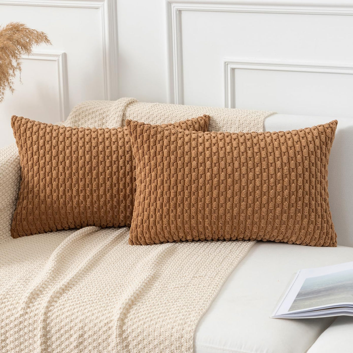 Kevin Textile Soft Corduroy 18x18 Inch Pillow Covers 2 Pack, Burnt Brick