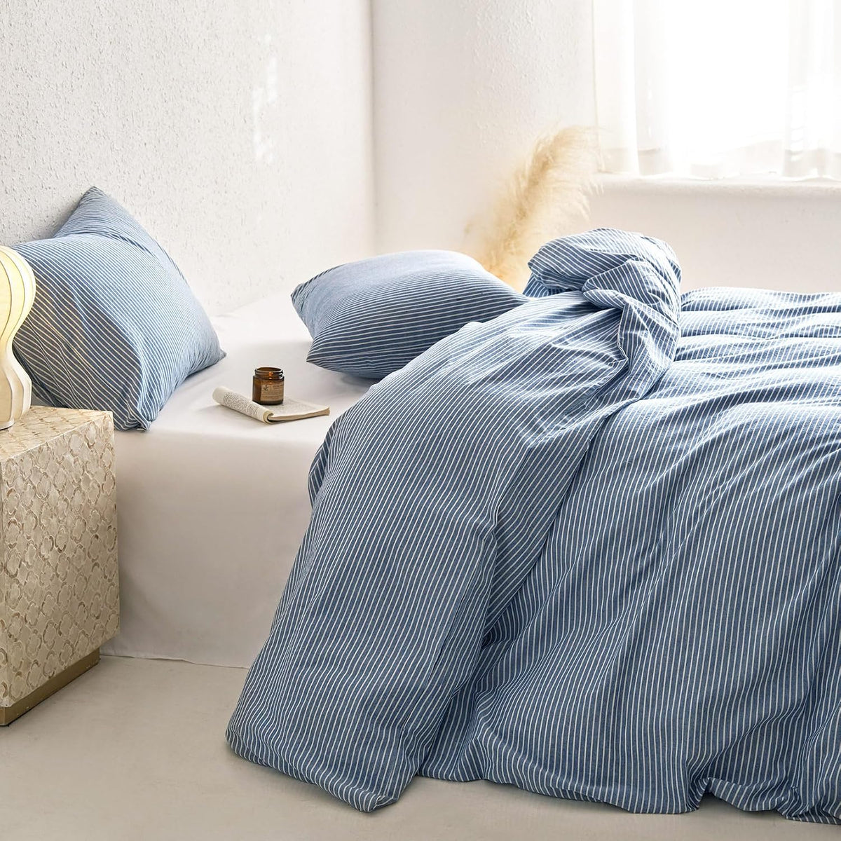 Wake In Cloud Striped Cotton Duvet Cover Set, Denim Blue, Queen