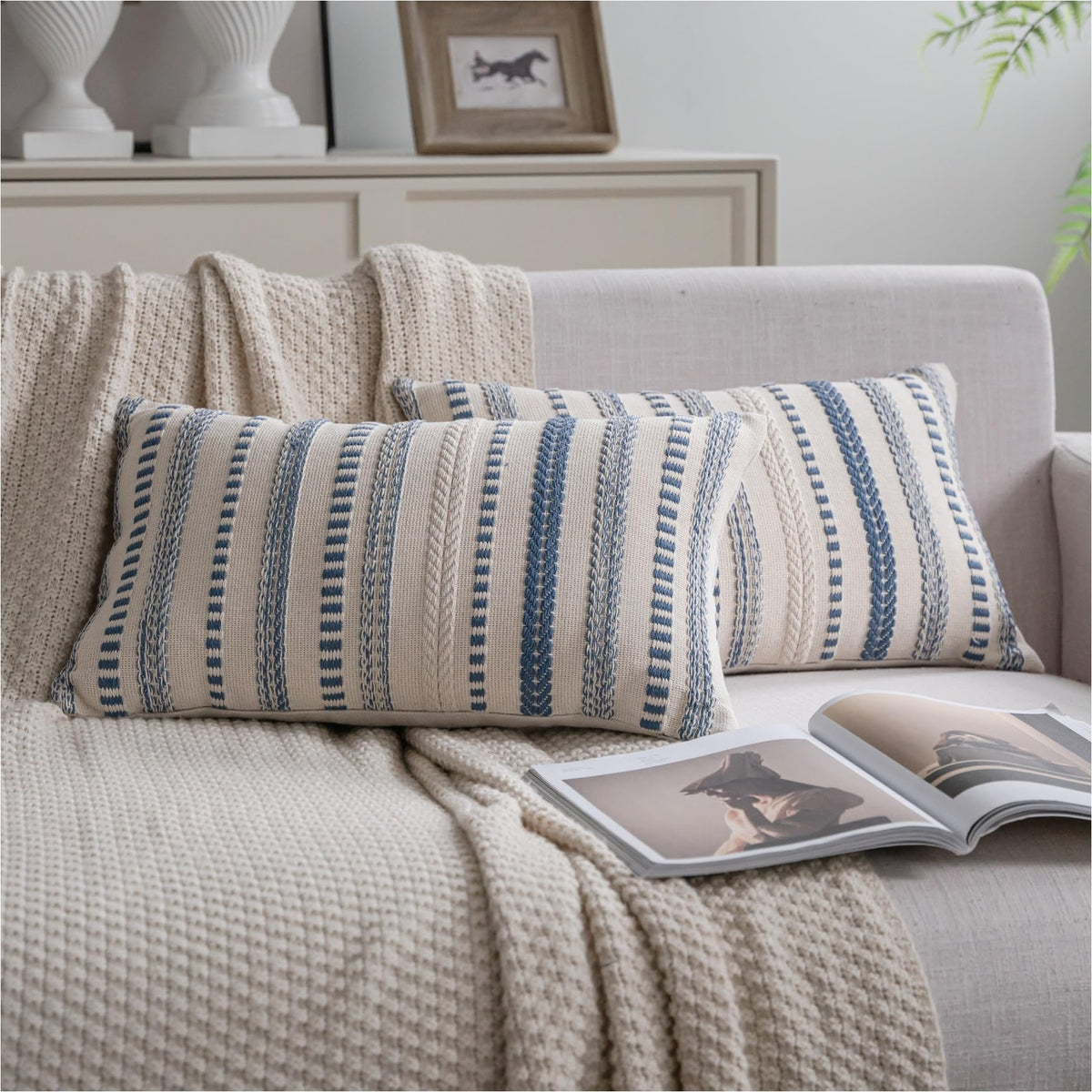 Cethom Blue and Beign Boho Throw Pillow Covers 18x18 Inch Set of 2, Stripe Textured Decorative Couch Pillow Cases for Bed, Sofa, Living Room, Bedroom, Farmhouse Home Accent Cushion Covers
