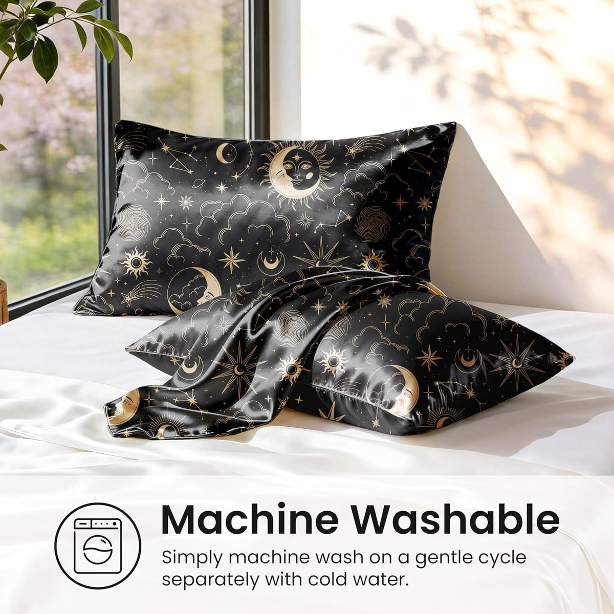 EXQ Home Satin Pillowcase for Hair and Skin Queen - Printed Black Sun