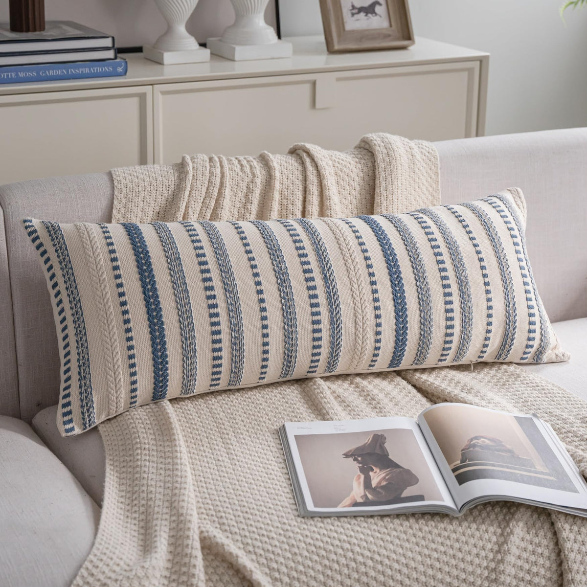 Cethom Blue and Beign Boho Throw Pillow Covers 18x18 Inch Set of 2, Stripe Textured Decorative Couch Pillow Cases for Bed, Sofa, Living Room, Bedroom, Farmhouse Home Accent Cushion Covers