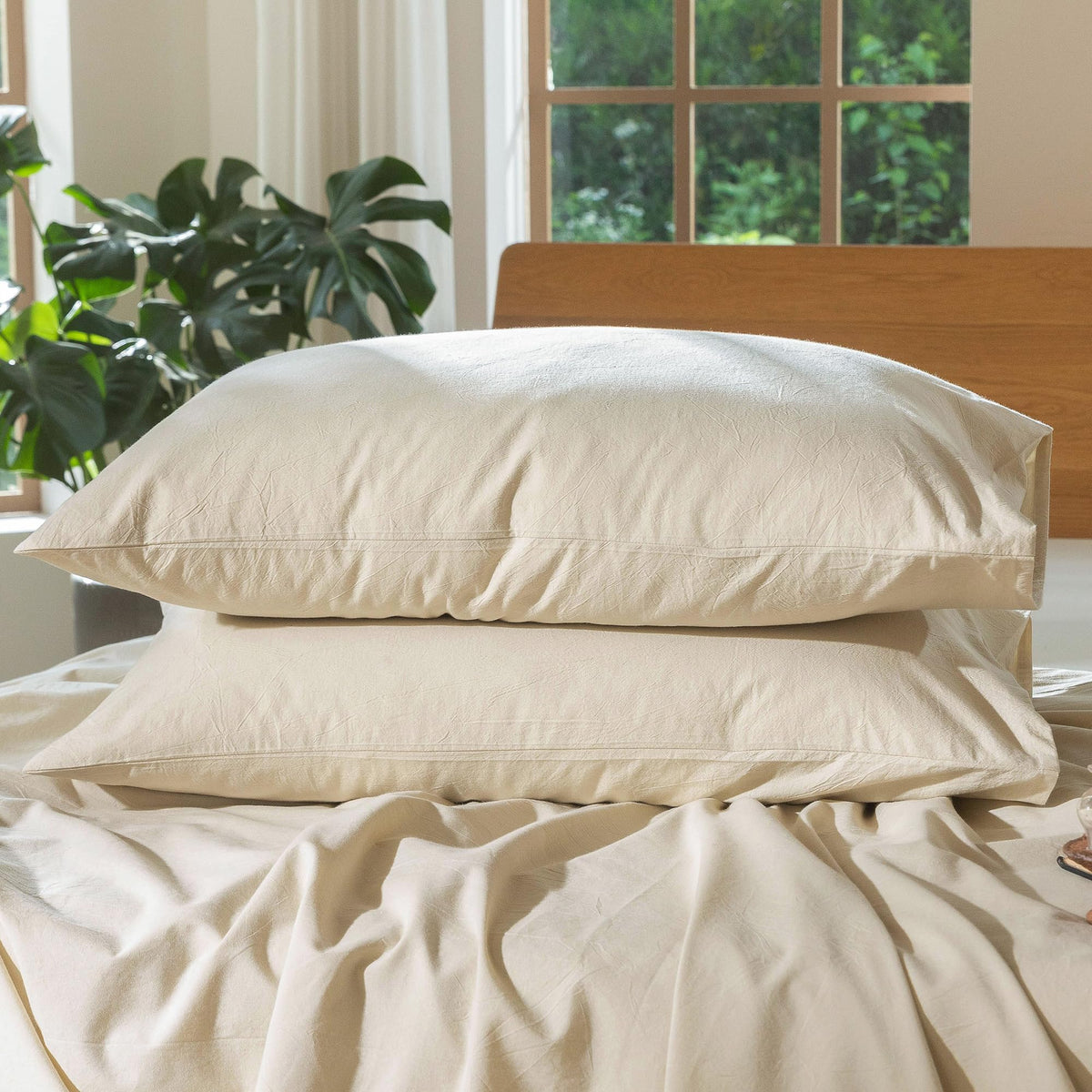 MOOMEE Pillowcase Set of 2 100% Washed Cotton Linen-Like Standard
