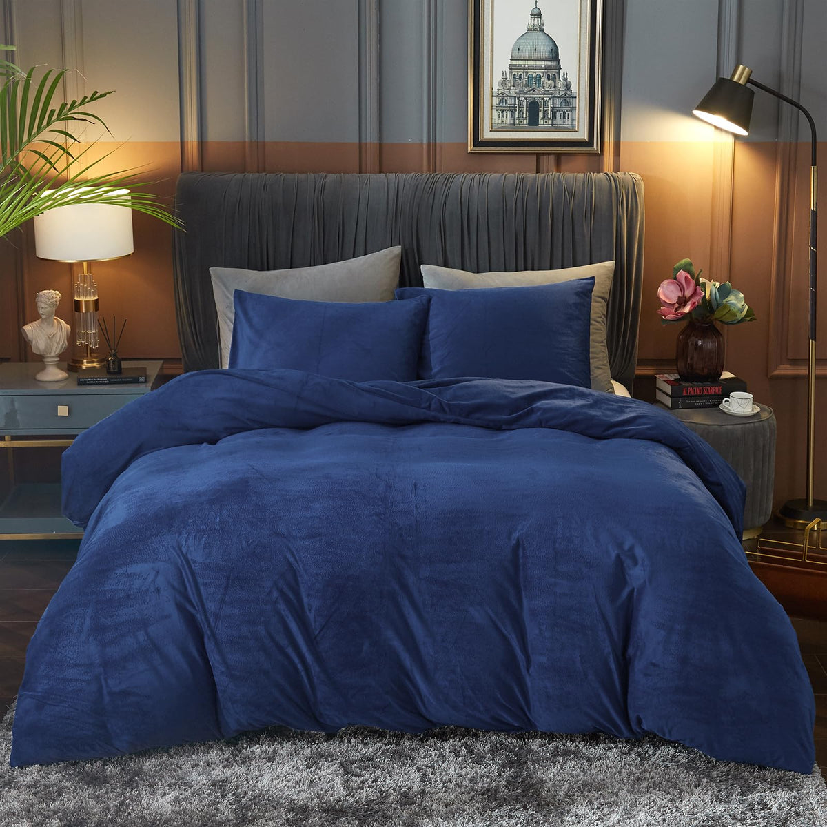 Ivellow Velvet Duvet Cover Queen Set, 3 Pcs Olive Green, Zipper Corner Ties