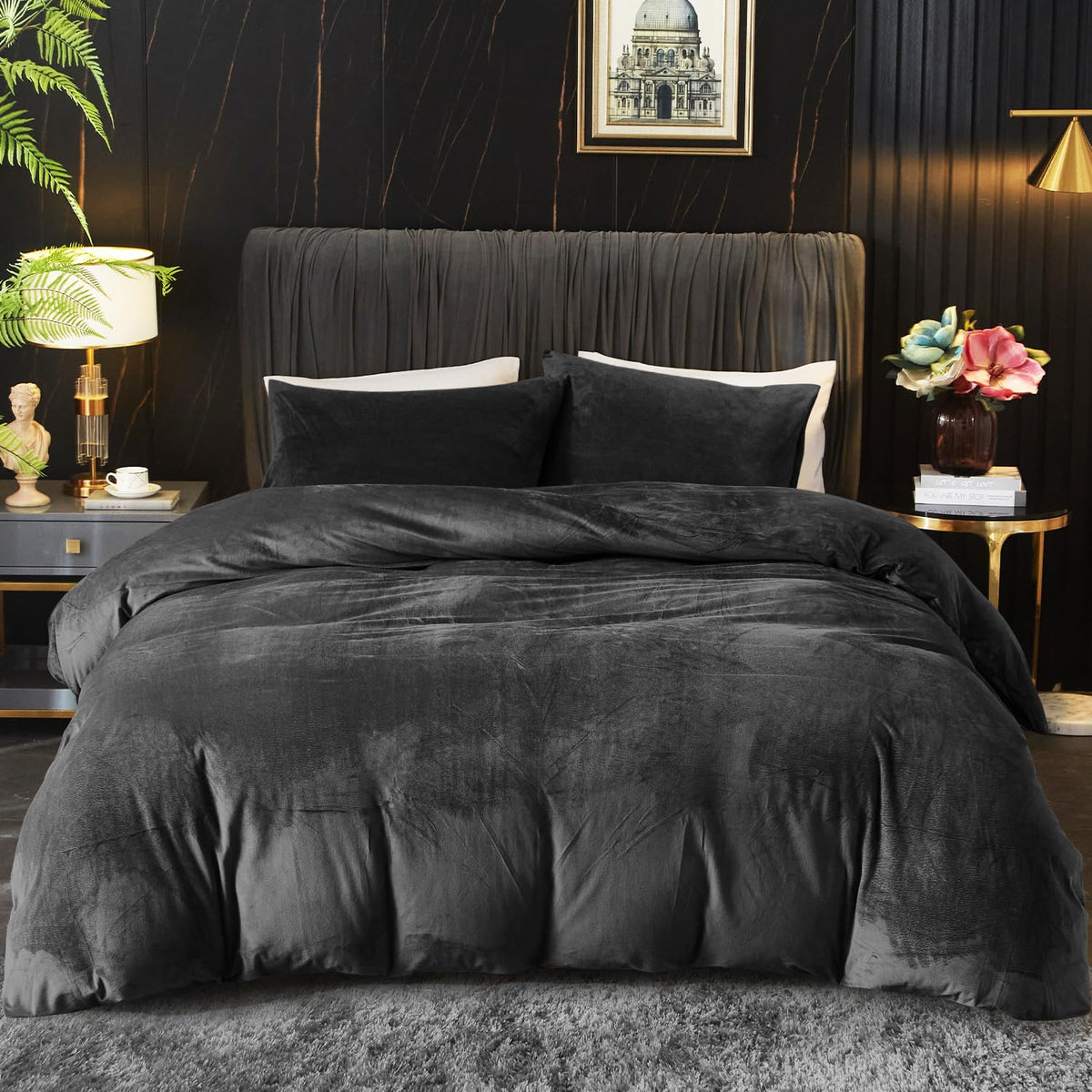 Ivellow Velvet Duvet Cover Queen Set, 3 Pcs Olive Green, Zipper Corner Ties