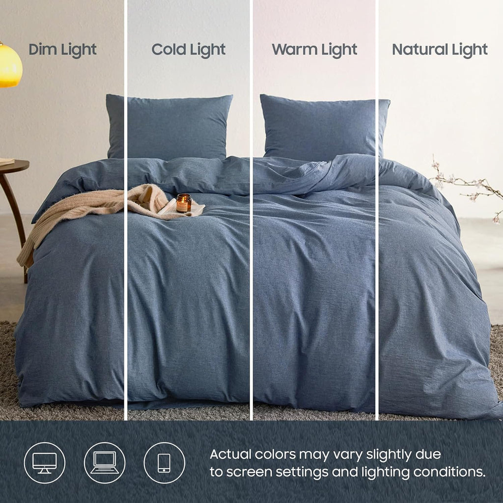 Wake In Cloud - Cotton Duvet Cover Set, 100% Washed Cotton, Linen Like Textured, Breathable Durable Comfy Farmhouse Neutral Bedding Set, 3 Pieces, Denim Blue, Queen Size