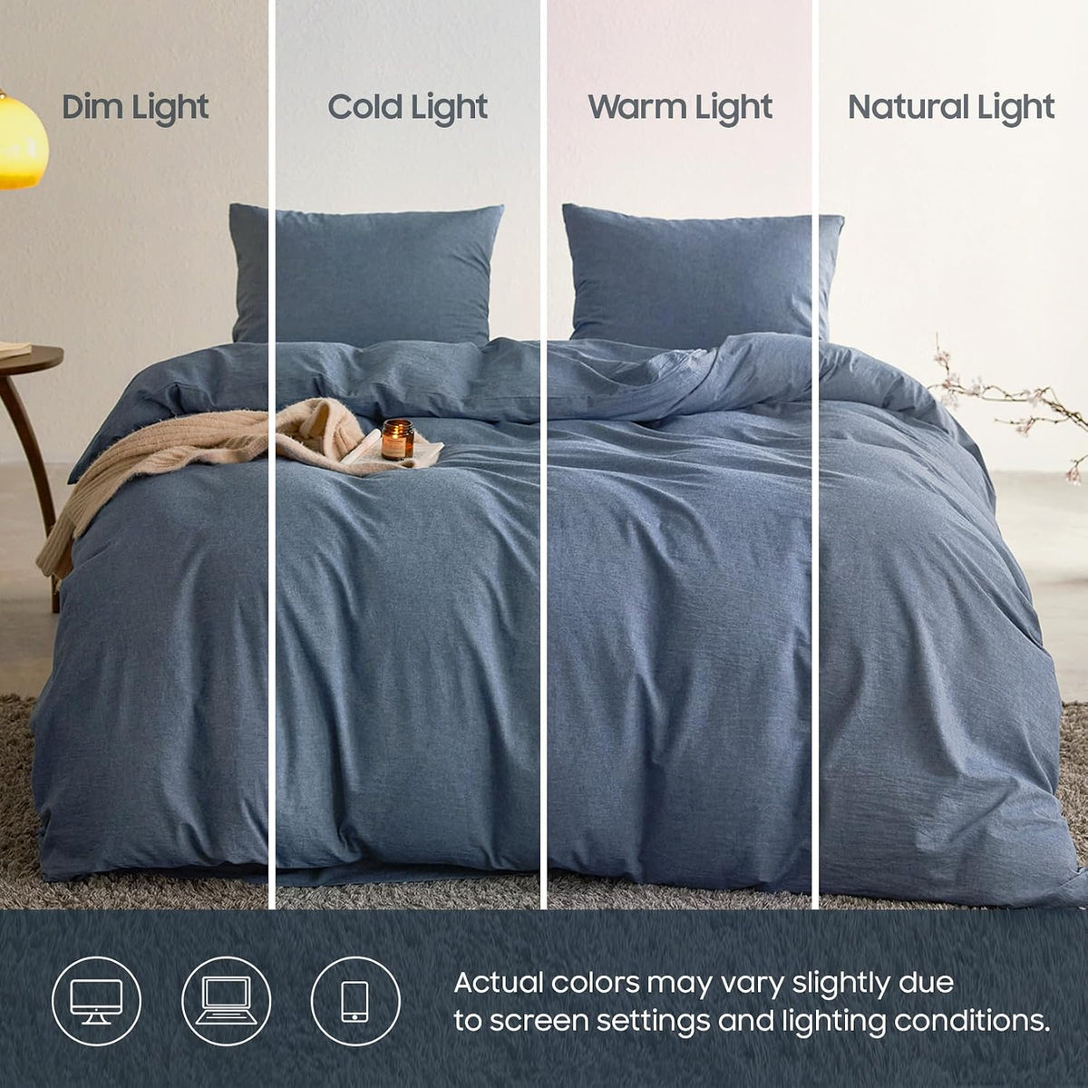 Wake In Cloud - Cotton Duvet Cover Set, 100% Washed Cotton, Linen Like Textured, Breathable Durable Comfy Farmhouse Neutral Bedding Set, 3 Pieces, Denim Blue, Queen Size