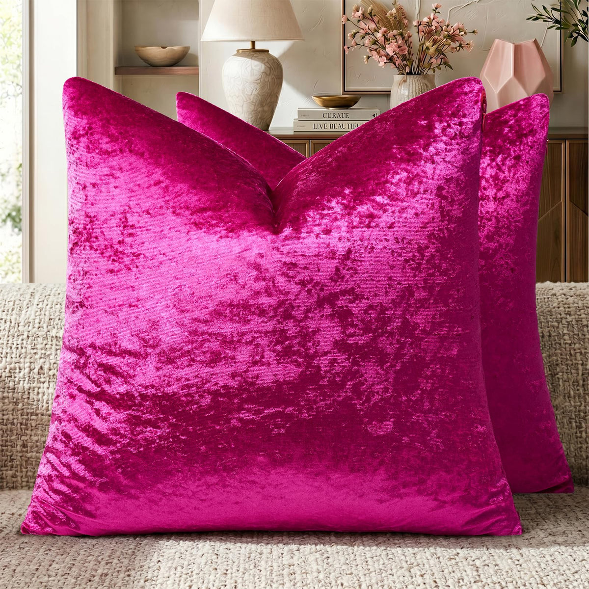 GIGIZAZA Hot Pink Velvet Pillow Covers 18x18 Decorative Pillows Pack of 2