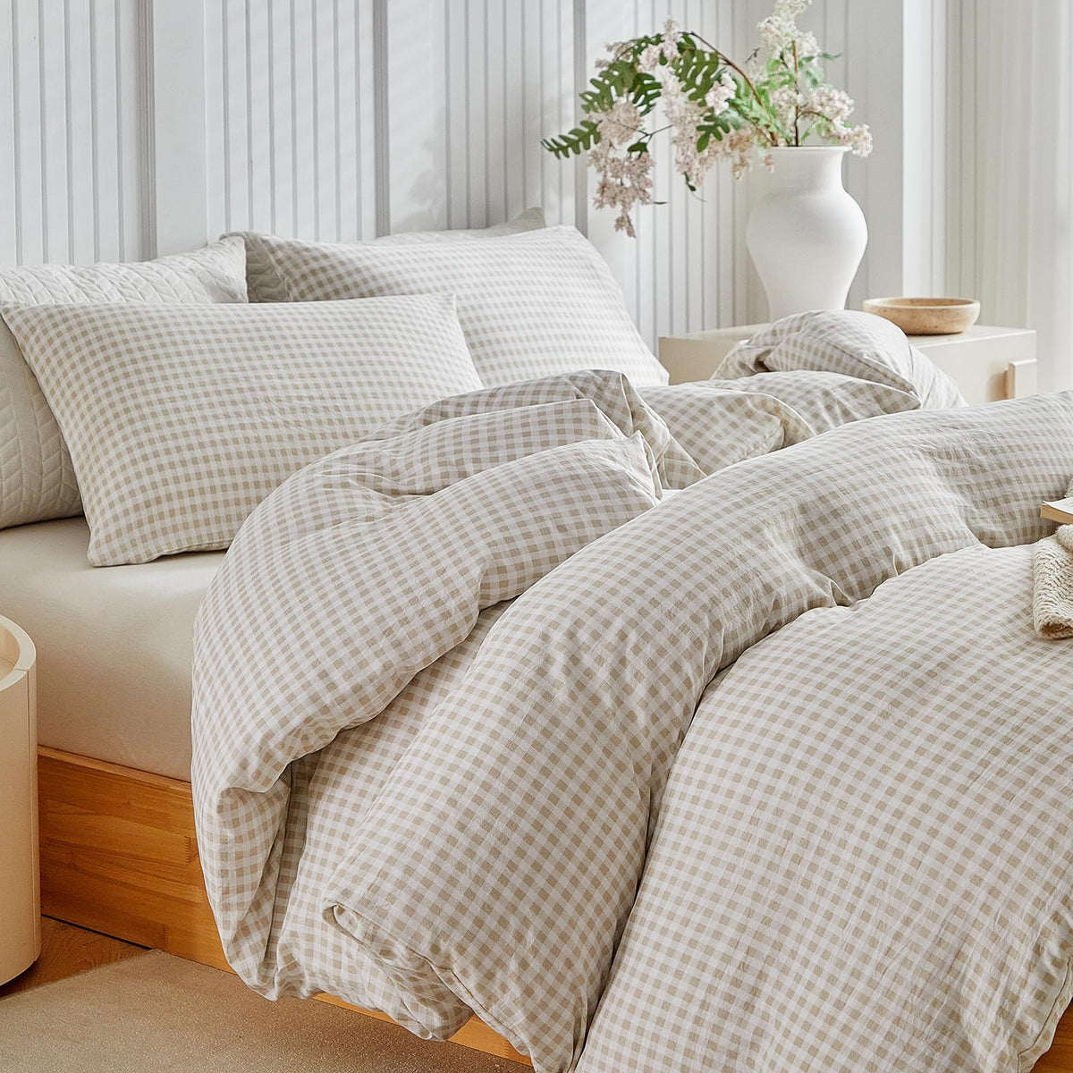DuShow Grid King Duvet Cover Set - Tan Gingham Washed Microfiber Comforter Cover Set, 3 Pieces Plaid Checkered Soft Reversible Bedding Set(Tan,King)