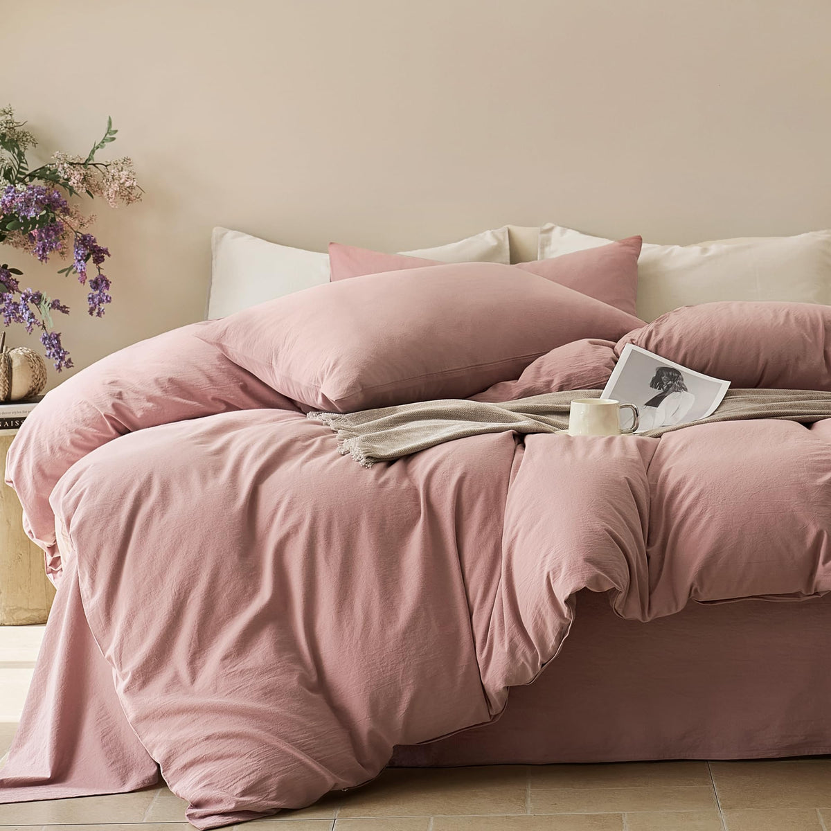 JELLYMONI 100% Cotton King Duvet Cover Set, Washed Linen-Like Texture