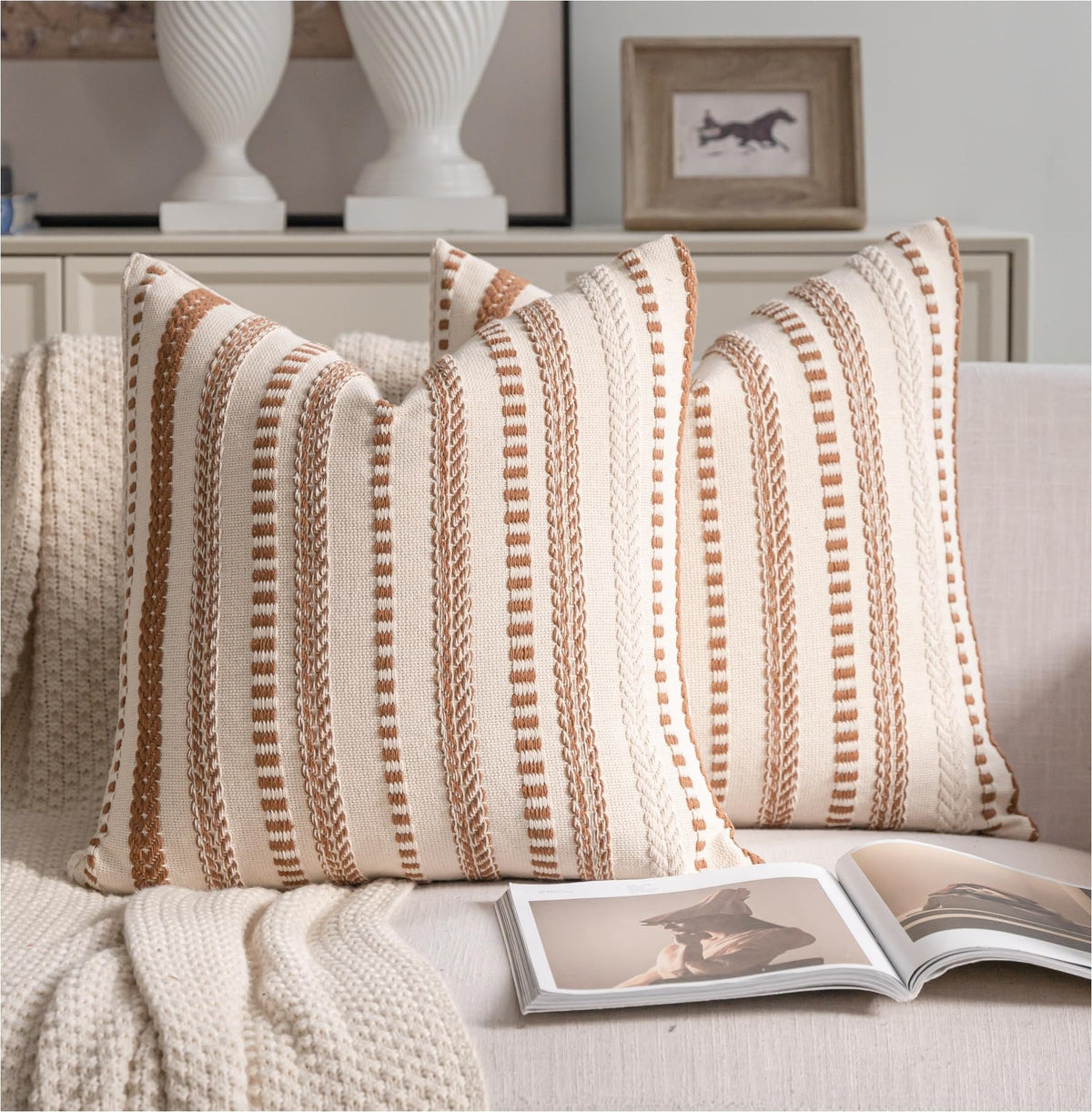 Cethom Blue and Beign Boho Throw Pillow Covers 18x18 Inch Set of 2, Stripe Textured Decorative Couch Pillow Cases for Bed, Sofa, Living Room, Bedroom, Farmhouse Home Accent Cushion Covers