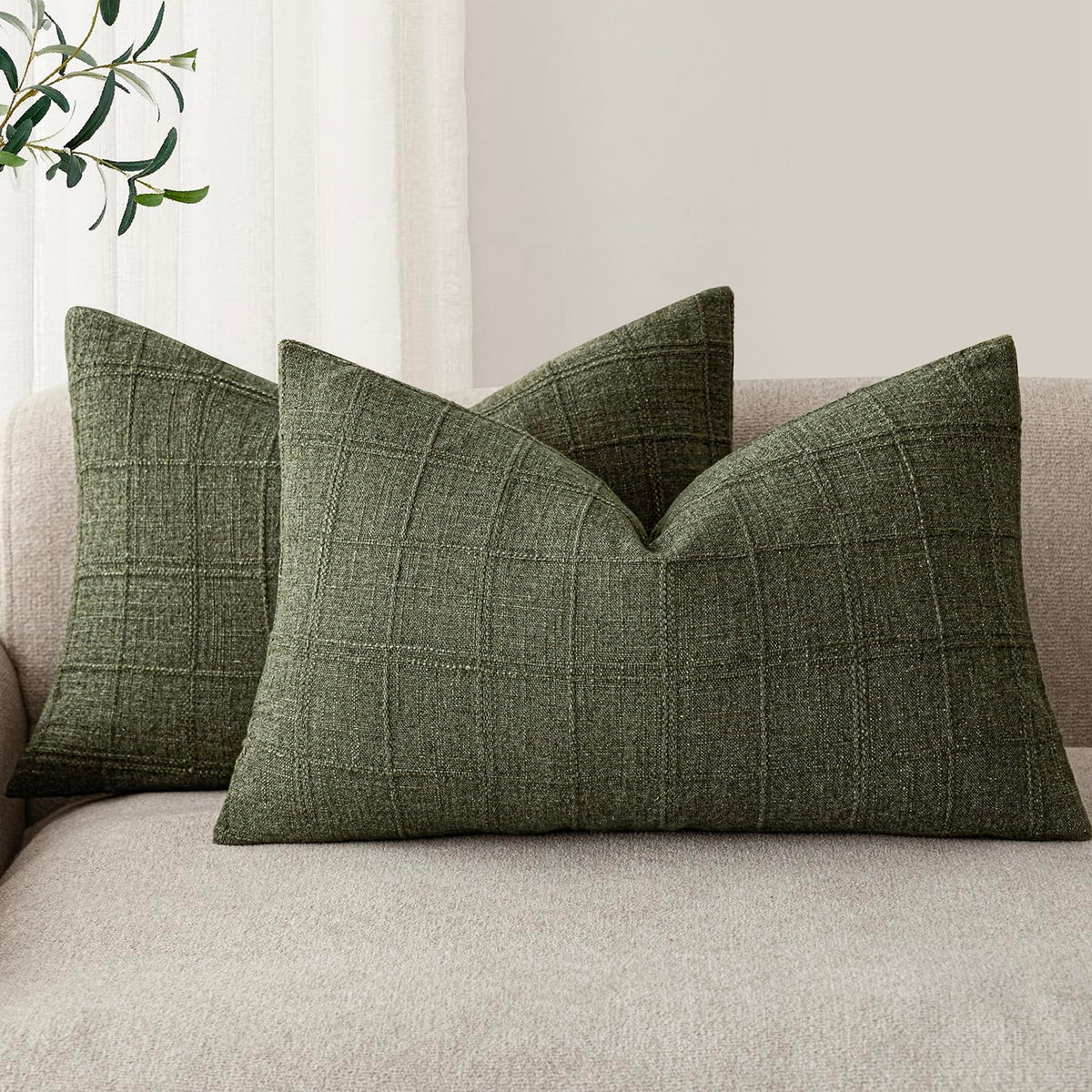 Foindtower Boho Linen Check Decorative Throw Pillow Cover 18×18 Olive Green