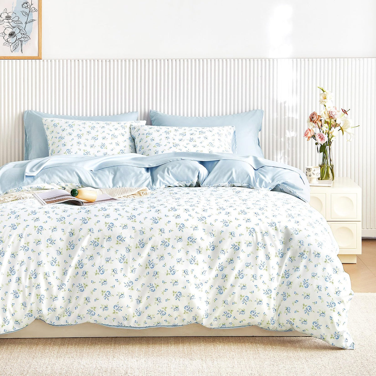 Wake In Cloud - Coquette Duvet Cover Set, Floral Cottagecore Flower Shabby Chic Cute Aesthetic, Soft Lightweight Bedding for Women Teen Girls, 3-Piece, Pink, Queen Size