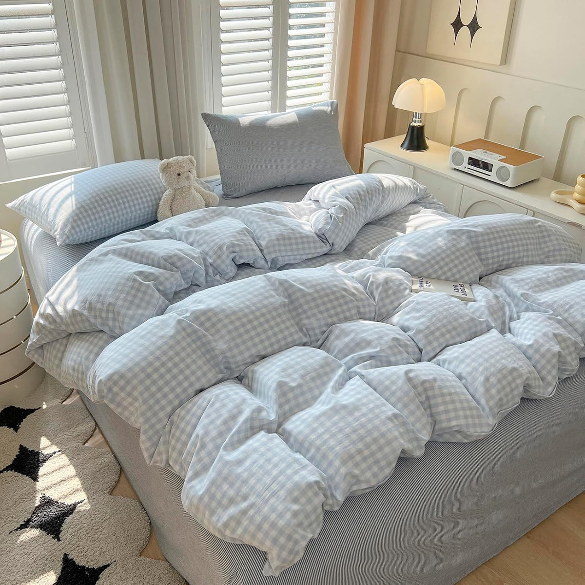 LifeTB Blue Gingham Duvet Cover Queen Size 100% Washed Cotton Blue White Plaid Checkered Duvet Cover 3 Pieces Farmhouse Grid Bedding Set Soft Breathable Gingham Comforter Cover with 2 Pillowcases
