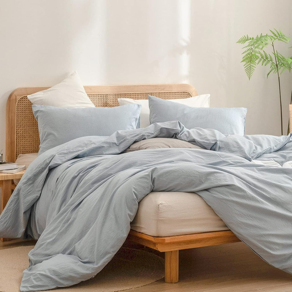 BESTOUCH Cotton Solid Duvet Cover Set Linen Feel Cornflower Blue King