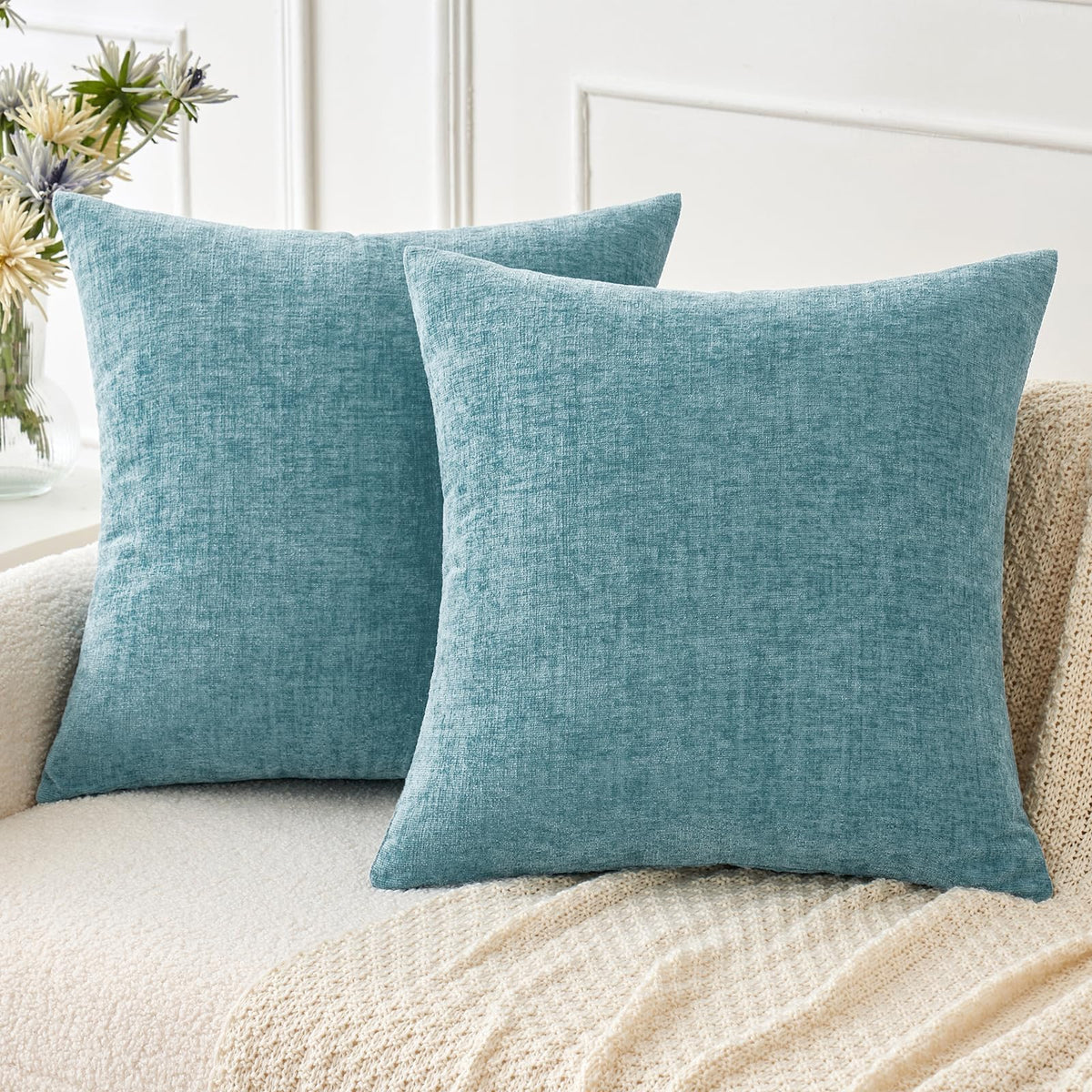 MIULEE Soft Chenille Throw Pillow Covers Teal 18x18 Inch Pack of 2