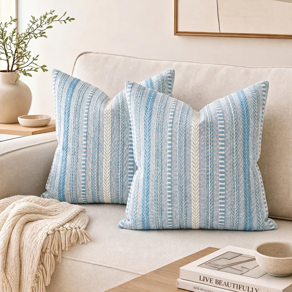 AVOIN colorlife Pink Boho Decorative Throw Pillow Covers Set of 2, 18 x 18 Inch Woven Stripe Textured Rustic Cushion Case Home Decor for Living Room Couch Sofa
