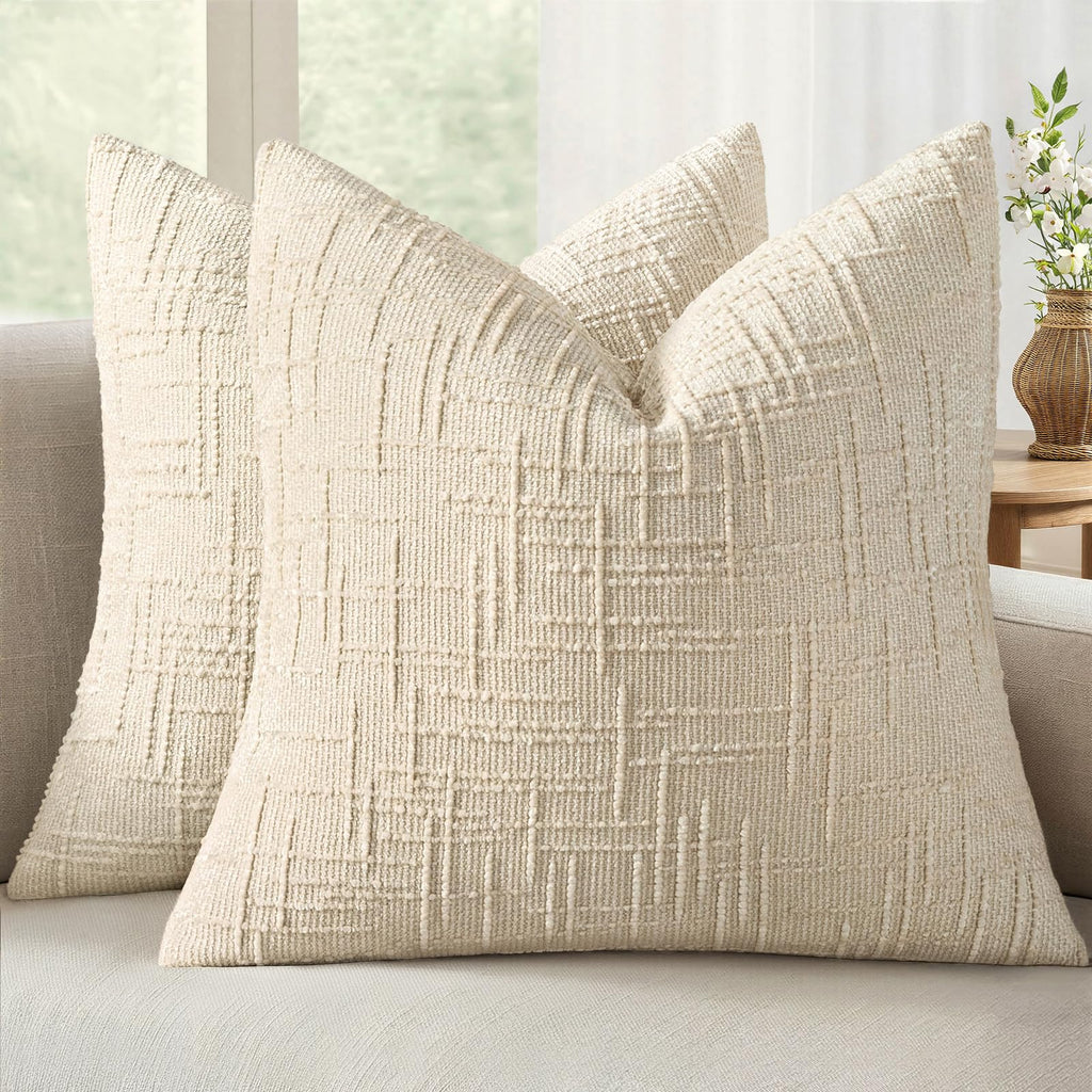 MIULEE Chenille Textured Throw Pillow Covers Cream White 20x20 Set of 2