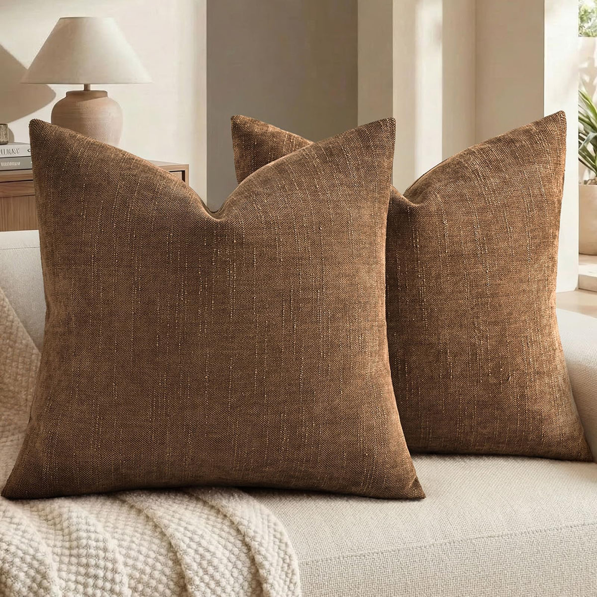decorUhome Chenille Decorative Throw Pillow Covers 18x18 Set of 2, Brown