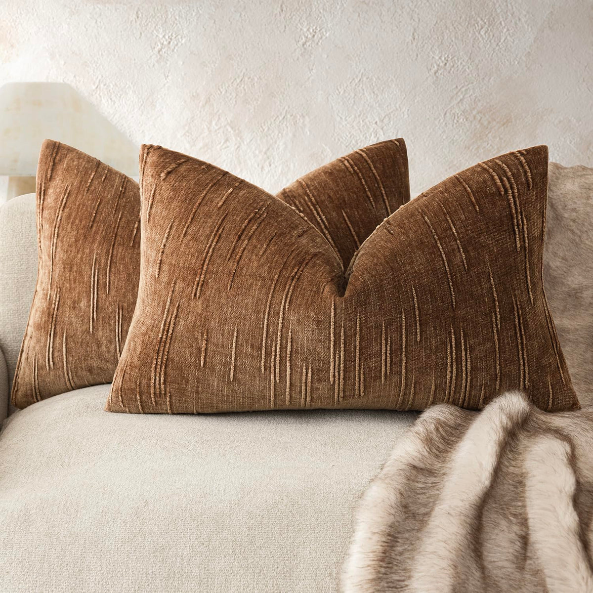 Foindtower Pack of 2 Slubby Textured Chenille Throw Decorative Pillow Covers Square Accent Solid Cushion Cover Soft Farmhouse Pillow Case for Couch Sofa Bedroom Living Room 20x20 Inch,Dark Olive Green