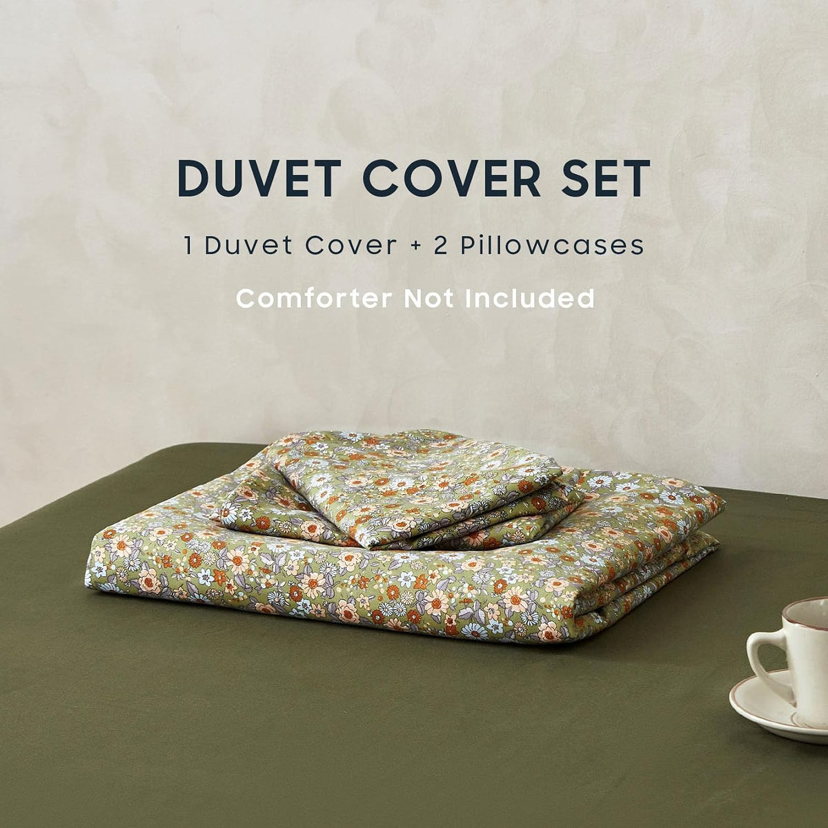 Wake In Cloud - Floral Duvet Cover Set, Cute Vintage Flower Cottagecore Aesthetic for Women Teen Girls, Soft Lightweight Bedding, 3-Piece, Olive Green, Queen Size