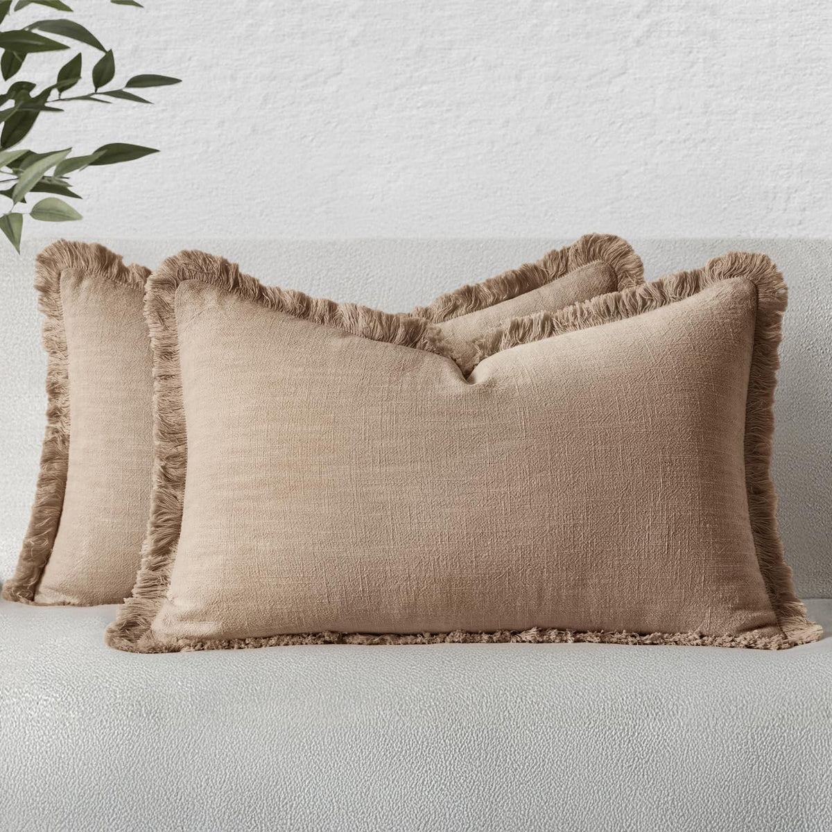 MIULEE Boho Linen Fringe Decorative Throw Pillow Covers Olive Green 20x20