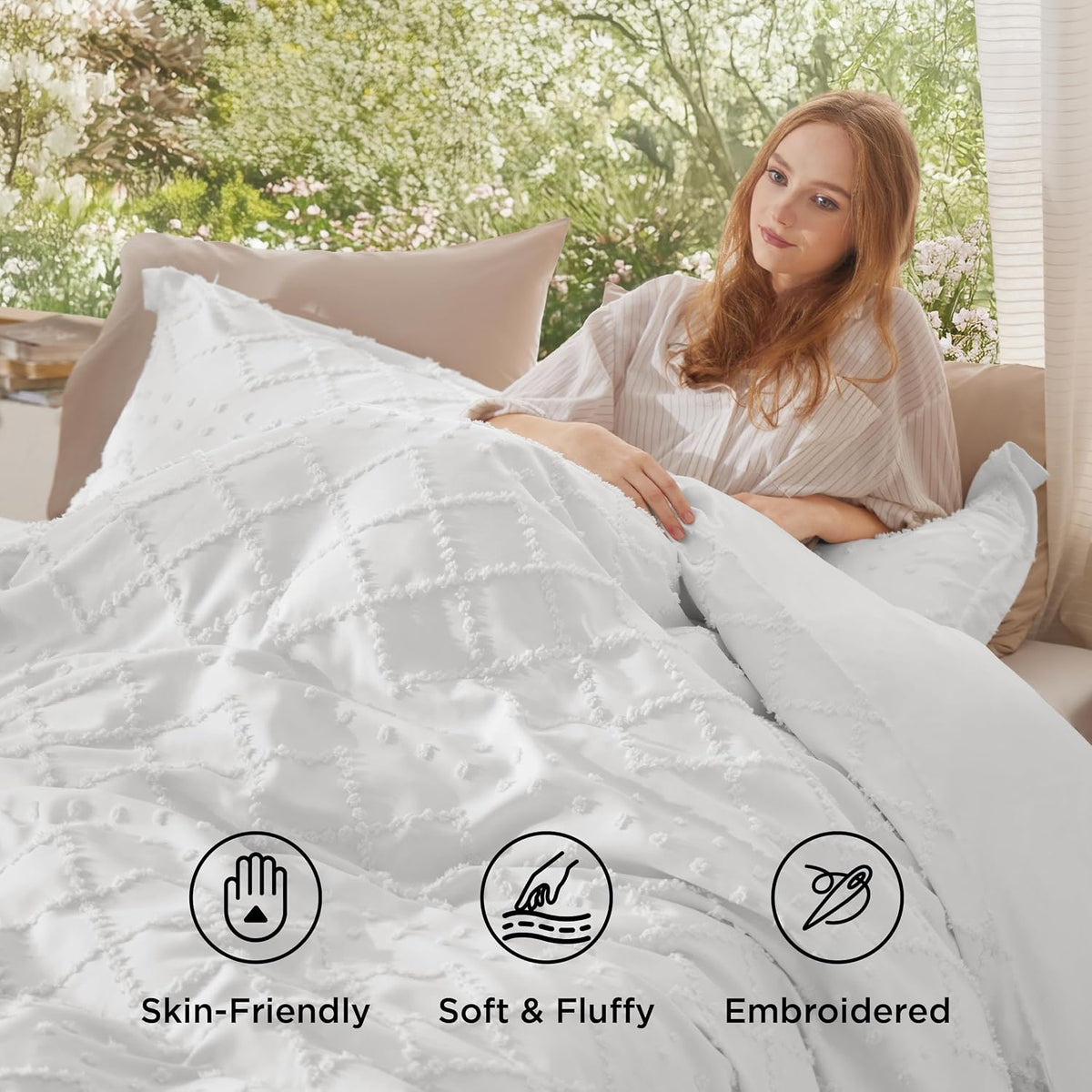 Bedsure White Boho Duvet Cover Queen, Soft Vintage Embroidery