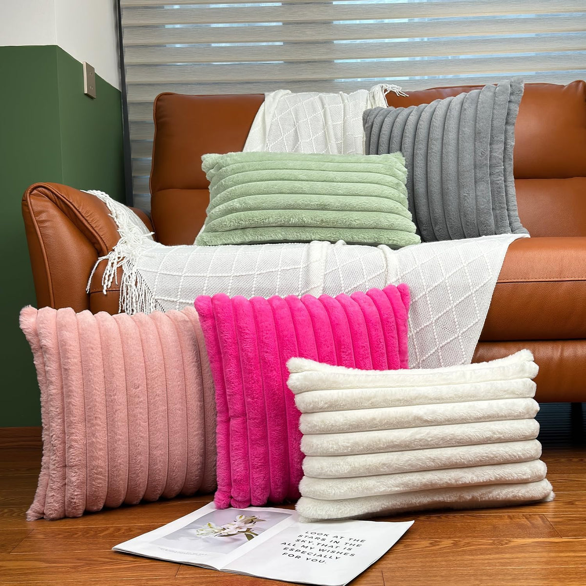 COTEY 18x18 Decorative Faux Fur Throw Pillow Covers Set of 2- Pink
