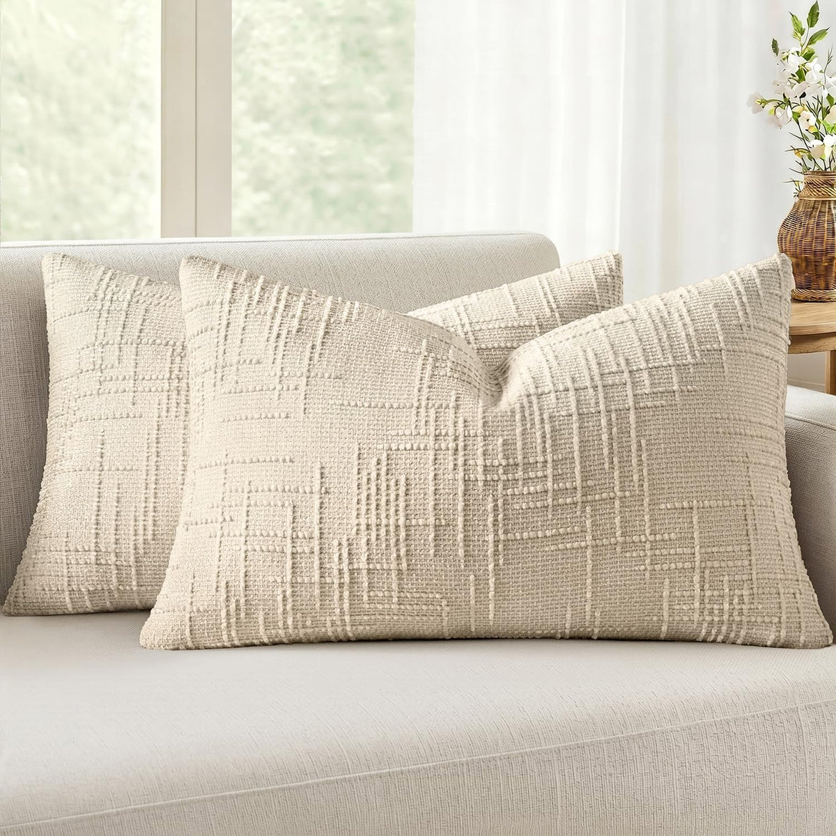 MIULEE Chenille Textured Throw Pillow Covers Cream White 20x20 Set of 2