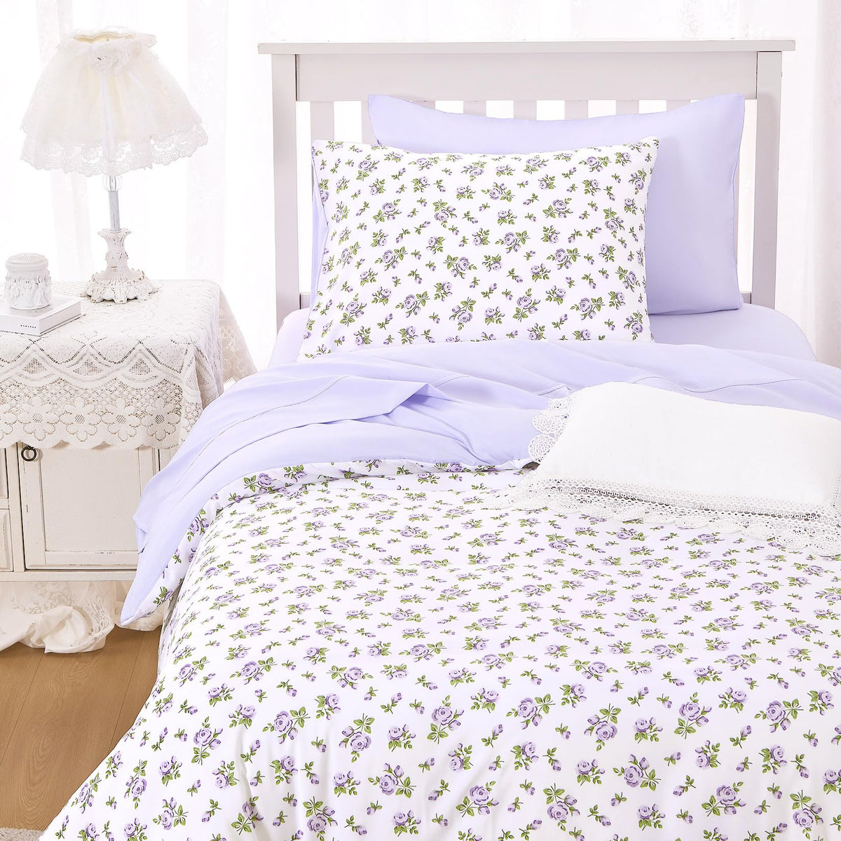 Wake In Cloud - Coquette Duvet Cover Set, Floral Cottagecore Flower Shabby Chic Cute Aesthetic, Soft Lightweight Bedding for Women Teen Girls, 3-Piece, Pink, Queen Size